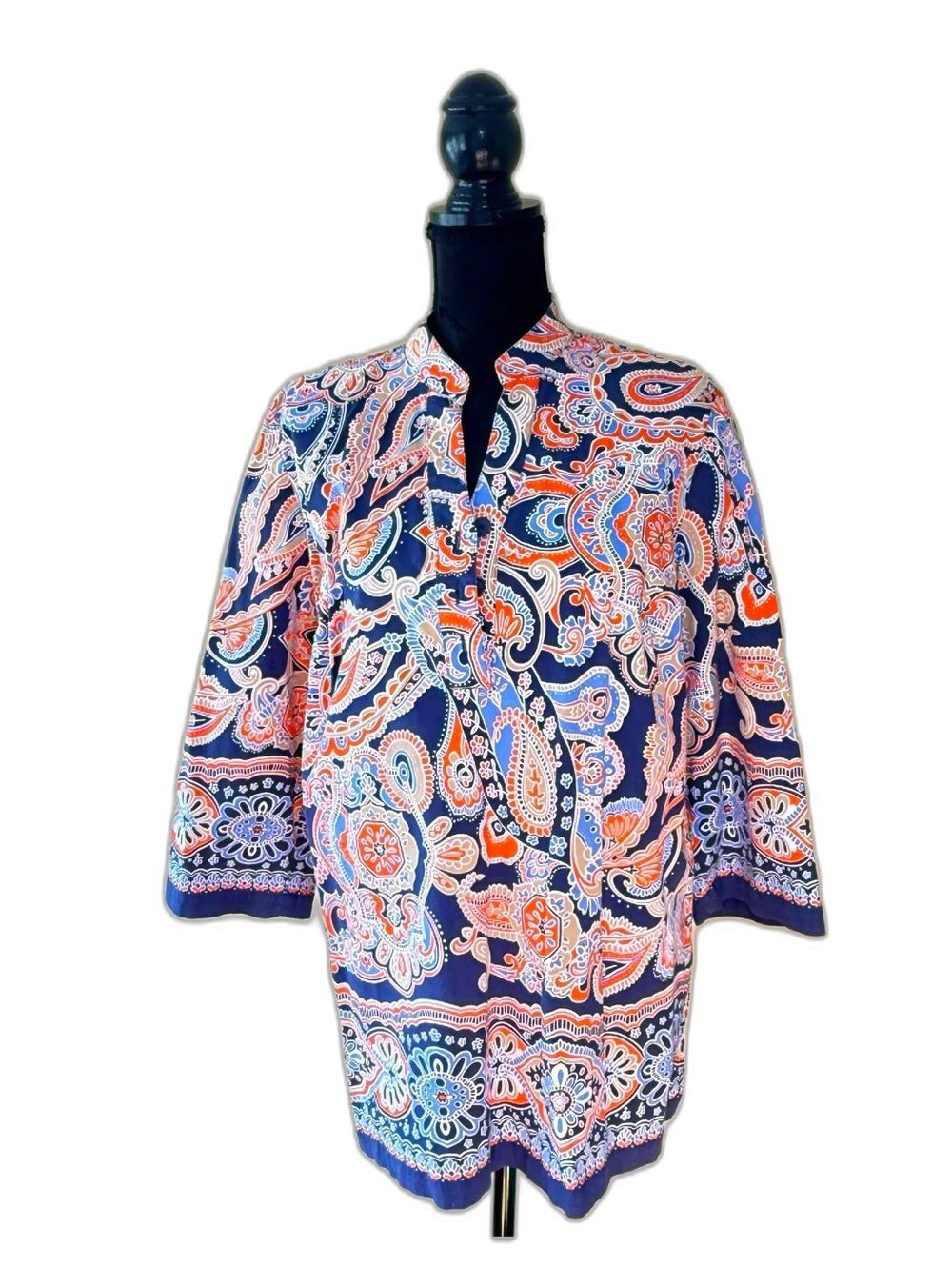 Jones New York Women's Plus Size 1X Paisley Tunic V Neck Blouse Stretch Cotton